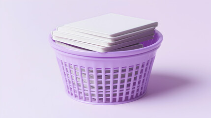Obraz premium White squares in purple basket on pink background; storage, organization concept; ideal for website banners or product presentations