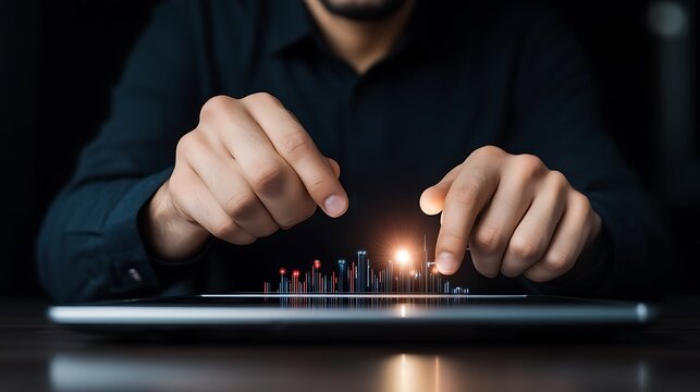 Hands Interacting with Virtual Graph on Digital Interface in Dark Room Showcasing Data Analysis Concept