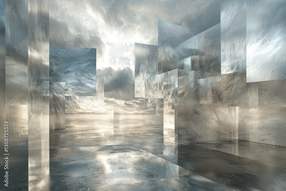 Poster abstract digital art depicting a cloudy sky reflected in a futuristic, glassy structure.