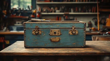 A neatly organized toolbox on a rustic workbench, ready for a new project.
