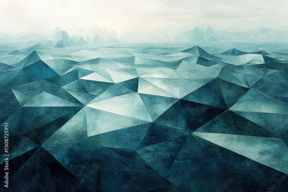 Poster abstract polygonal landscape with teal and blue tones, depicting a hazy mountain range in a low-poly
