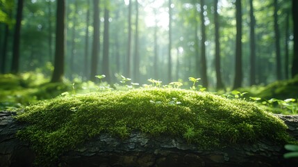 A patch of moss growing on a log in a dense, shadowy forest.