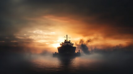 Dark Silhouette of a Cargo Ship Against a Dramatic Sunset Over a Calm Ocean, Evoking Mystery and Adventure