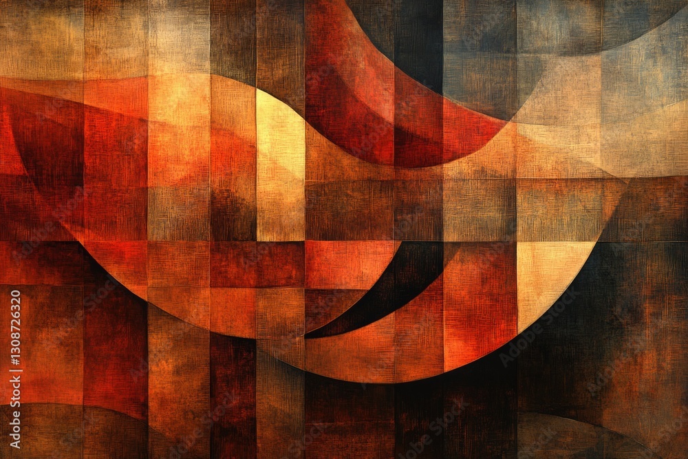 Poster Abstract art with geometric shapes and warm earthy tones, creating a sense of depth and movement.