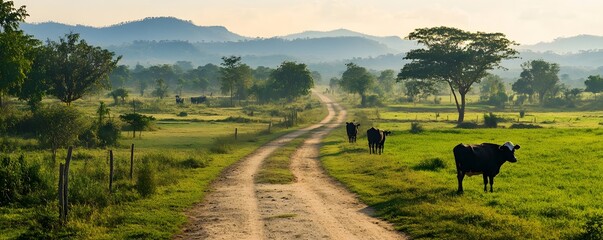 Fototapeta premium High-resolution photography of a rural dirt road with cattle and green pastures