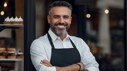 Obraz premium Smiling Male Baker with Gray Hair in an Apron Standing by Display Case Filled with Cupcakes and Pastries