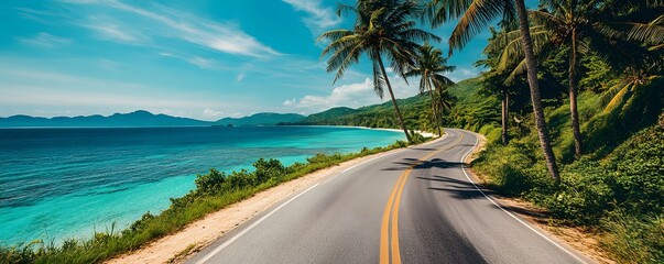 High-resolution photography of a tropical coastal road with palm trees and turquoise water