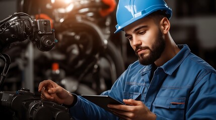 Obraz premium Engineer Using Tablet to Control Advanced Robotic Arm in Industrial Setting with Safety Gear and Focused Expression
