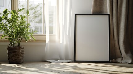 A mockup of two empty black frames on the floor, leaning against each other, with a white wall, wooden frames, a window, and beige curtains in the background. 