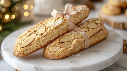 Delight in the golden crunch of homemade almond biscotti, elegantly arranged and dusted with powdered sugar, capturing the essence of Italian baking tradition Perfect for dipping in coffee or