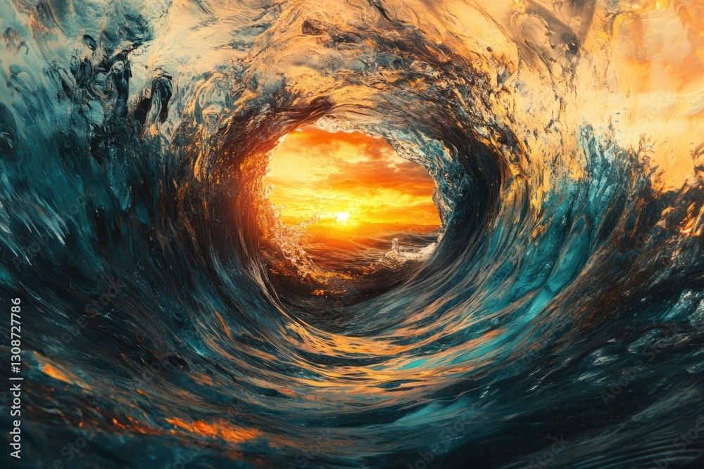 Poster a breathtaking view of a sunset through a translucent ocean wave, showcasing vibrant colors and natu