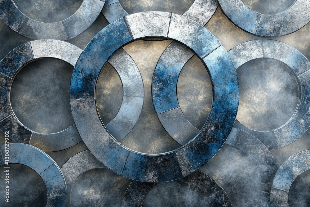 Poster Abstract background of overlapping metallic rings with a grunge texture and smoky effect.
