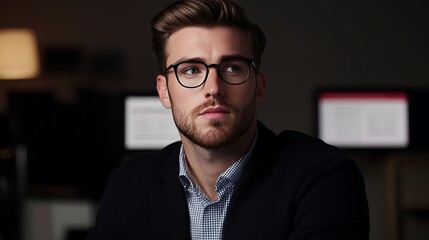 Thoughtful Young Man with Glasses in a Modern Office Setting Surrounded by Technology and Soft Lighting
