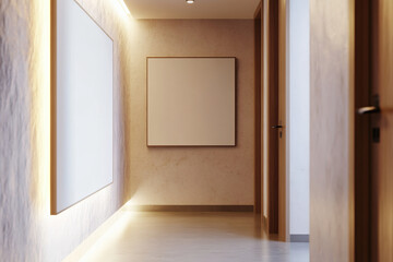 Modern Interior Corridor with Illuminated Artwork and Minimalist Design Elements