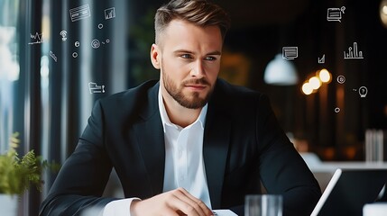 Professional Man in Suit Engaged in Work with Graphic Elements in Modern Office Environment