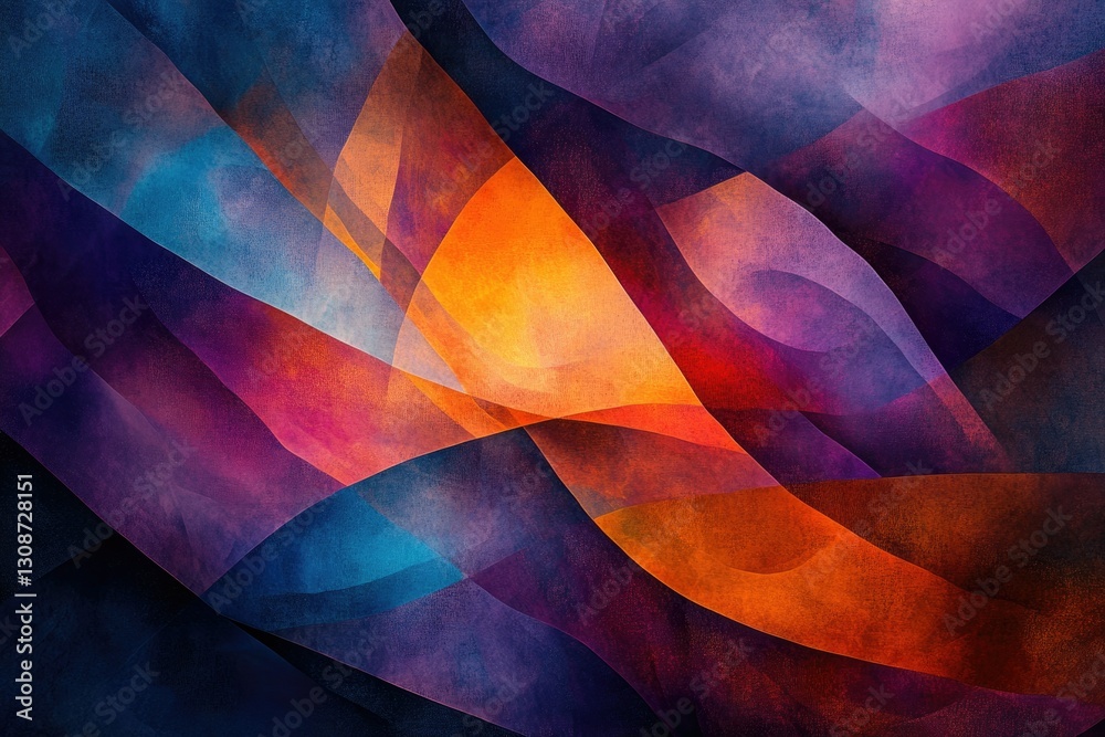 Aufkleber abstract artwork featuring overlapping layers of vibrant orange, purple, and blue hues, creating a d