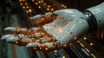 A robotic hand holding a glowing piece of circuitry.