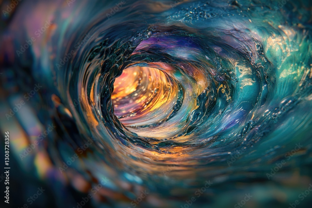 Poster a mesmerizing view inside a vibrant, swirling ocean wave, showcasing a kaleidoscope of colors and te