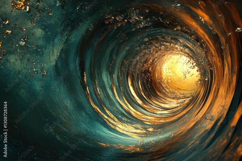 Poster a mesmerizing vortex of teal and gold water, illuminated from within, creating a captivating and sur