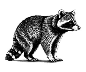Fototapeta premium Raccoon Woodcut vintage Monochrome black and white drawing animal Illustration