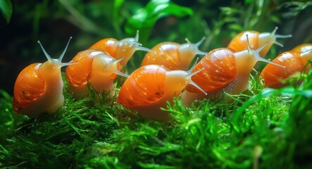 Apple Snails: Group of Pomacea Bridgesii in Solidarity, Orange Shells in Focus