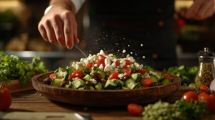 Chef preparing a fresh Mediterranean salad with vibrant vegetables in a cozy kitchen atmosphere