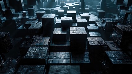 Abstract picture black geometric cube graphic with dark tone, monochrome style design. Modern art present about the seamless pattern blocks textiles perfect for creative background, wallpaper. AIG53.