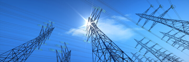 High voltage transmission towers with glowing wires against sunny blue sky - Energy concept - 3D...