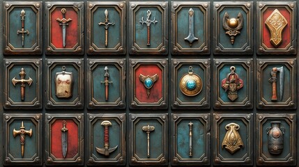 Game inventory icons weapons armor RPG. Detailed fantasy icons in grid. AI generated