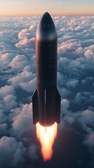A sleek rocket ascends through fluffy clouds, leaving a trail of fire as it ventures into the sky at sunset, symbolizing innovation and exploration.