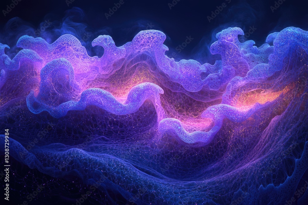 Poster Abstract digital art depicting flowing, luminous purple and pink waves with intricate network patterns.