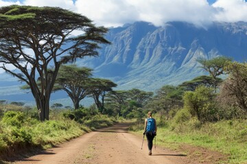 Arusha: Woman Hiker Enjoying Beautiful Nature in National Park, Tanzania with Backpack