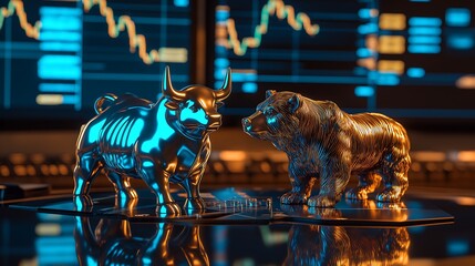 Bull and bear statues symbolize market trends in a financial trading environment