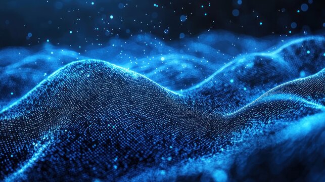 Blue digital particles form undulating wave patterns in the space