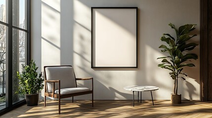 A modern dining room with a black-framed mockup on the wall, a minimalistic interior design of a modern home studio in light colors, featuring grey and beige tones, an accent chair