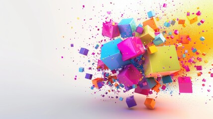 Abstract chaotic and energetic of mixed dust explode with square object, burst of broken colorful cube pattern scattering. Dynamic movement of vivid blocks convey sense of power and creativity. AIG53.