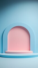 Abstract 3D podium with geometric cut-out structures, layered depth, soft shadows, elegant pastel color scheme, artistic and sophisticated, high-end visual storytelling