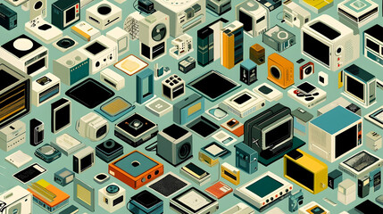 Obraz premium Retro Technology Gadgets Collection, Isometric View, Digital Background, Illustrative Pattern, Ideal for Tech Websites