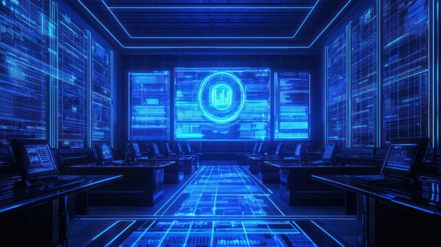 Futuristic server room with glowing blue screens displaying data and a central digital logo.