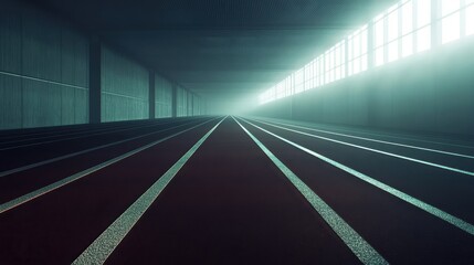 The long indoor running track with markings and bright illumination