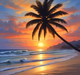 Fototapeta premium Illustration of ocean beach with palm tree.