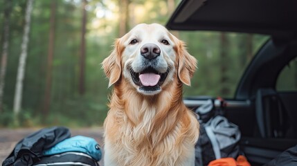 Glamping with a dog requires safe and comfortable travel. Traveling with a dog requires car safety and camping prep. A happy Golden Retriever poses by a car in a forest