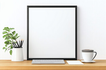 Minimalist Workspace: Empty Frame, Greenery, Keyboard and Coffee Mug on Desk