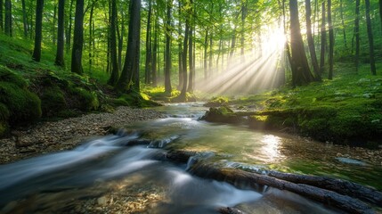 Obraz premium Sunbeams illuminate a tranquil stream flowing through a lush green forest.