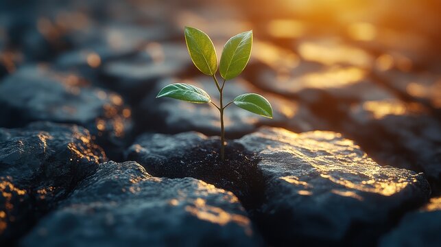 A small sapling growing between cracks in an old stone path.