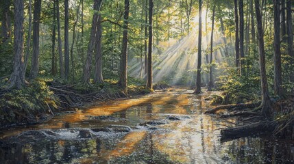Obraz premium Sunbeams illuminate a tranquil forest stream at sunrise.