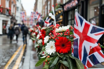 British flag with vibrant flowers on rainy street in london