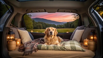 Glamping with a dog requires safe and comfortable travel. A serene golden retriever rests comfortably in an SUV, surrounded by cozy blankets and lanterns, with a picturesque sunset backdrop.