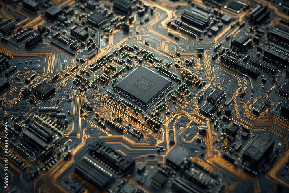 Fototapete Close-up view of a complex circuit board with integrated circuits and intricate pathways.