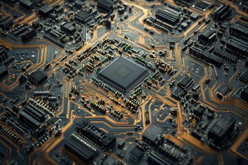 Fototapeta premium Close-up view of a complex circuit board with integrated circuits and intricate pathways.